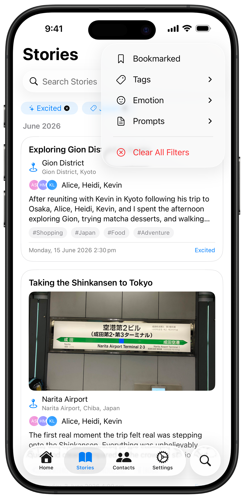Recall search across stories, people, and events